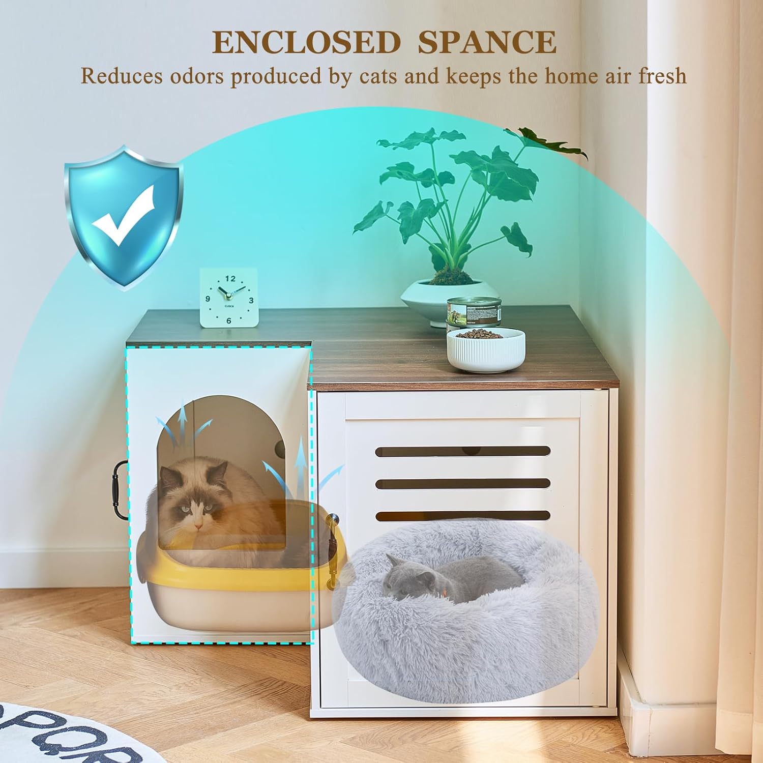 Corner Litter Box Enclosure for Two Cats, Hidden Cabinet with Double Room, White Q645