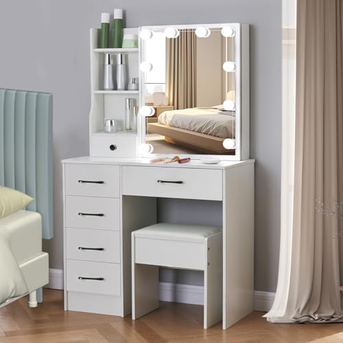 White Vanity Desk with Makeup Mirror and 10 Lights, 6 Drawers, Storage Shelves, Stool T1165