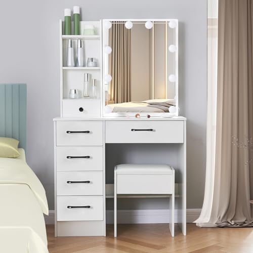 White Vanity Desk with Makeup Mirror and 10 Lights, 6 Drawers, Storage Shelves, Stool T1165