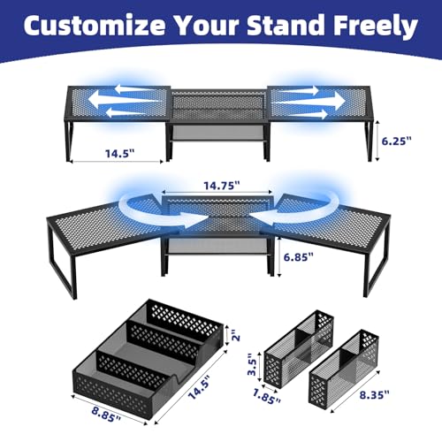 Dual Metal Monitor Stand Riser with Drawer and Pen Holder, Adjustable Angle, Black Q819739