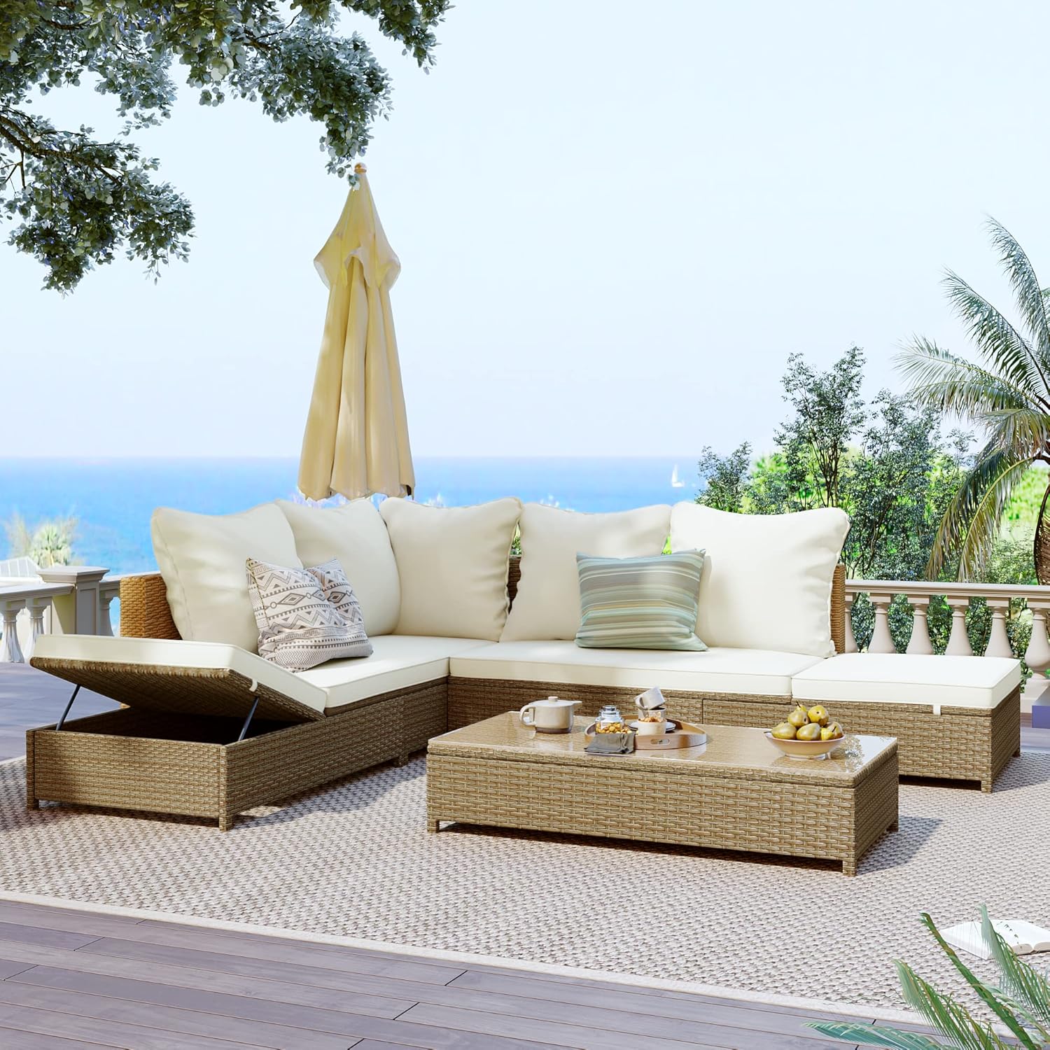 Patio Furniture Set with Wicker Sectional Sofa and Glass Table G133178