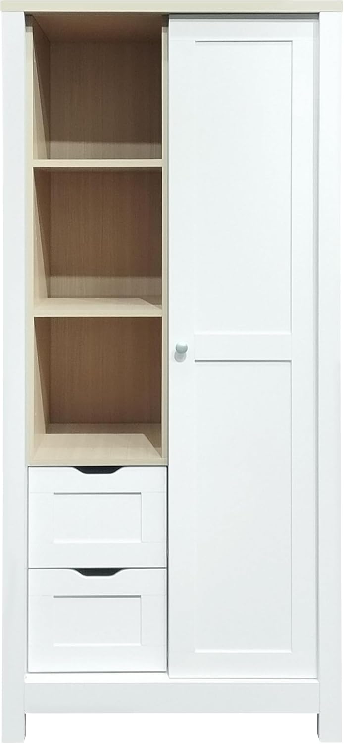 Wardrobe Closet Organizer with 2 Drawers, Open Shelves and Hanging Rods, White Y359