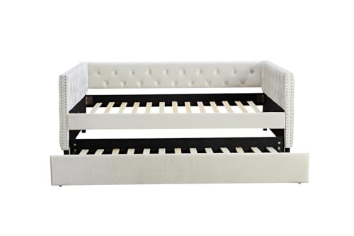 Velvet Upholstered Twin Daybed with Trundle, Beige Y9221