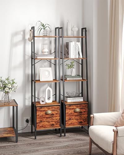 Narrow Bookshelf Bookcase with Drawer, Ladder Shelf with 2 Hooks, 4 Tier Rustic Brown J4949