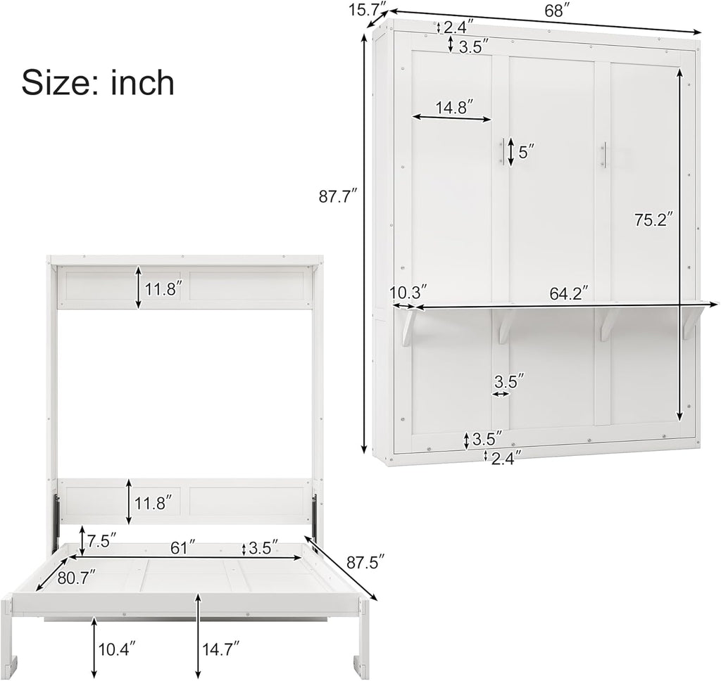 Queen Size Murphy Bed Chest with Desk and Side Storage Cabinet, Solid Pine, Foldable K896821