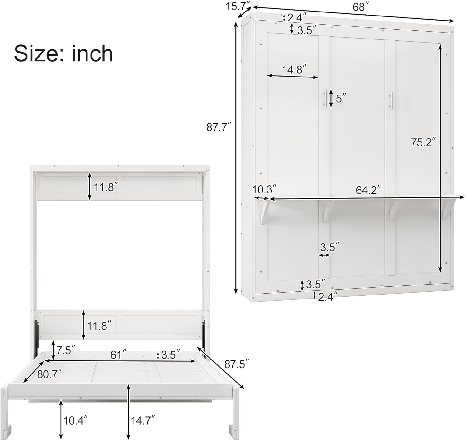 Queen Size Murphy Bed Chest with Desk and Side Storage Cabinet, Solid Pine, Foldable K896821