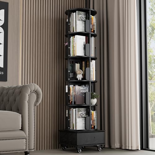 Solid Wood Rotating Book Shelf, 360° Display Bookcase with Drawer, 5-Tier Mobile Bookshelf with Wheels, 79" Tall X15733