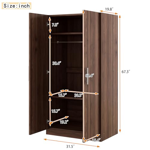 Wooden 2-Door Wardrobe with Shelves and Hanging Rail D6011