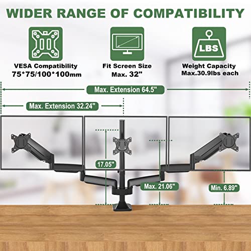 Triple Monitor Desk Mount for Three Flat or Curved Screens up to 27 Inch, VESA 75x75/100x100mm E3141