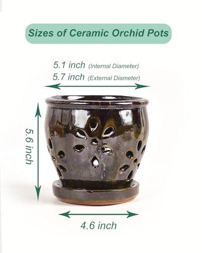 5 Inch Ceramic Orchid Pots with Saucers, Olive Green U487