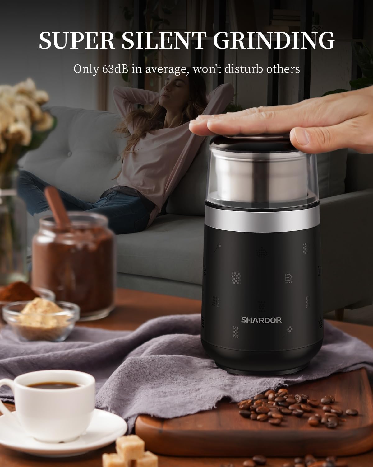 Silent Electric Spice Grinder for Coffee Beans, Herbs, and Espresso, Black D400450