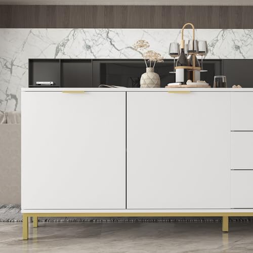 Sideboard Storage Cabinet with Drawers and Doors, Gold Metal Frame Legs, White A499