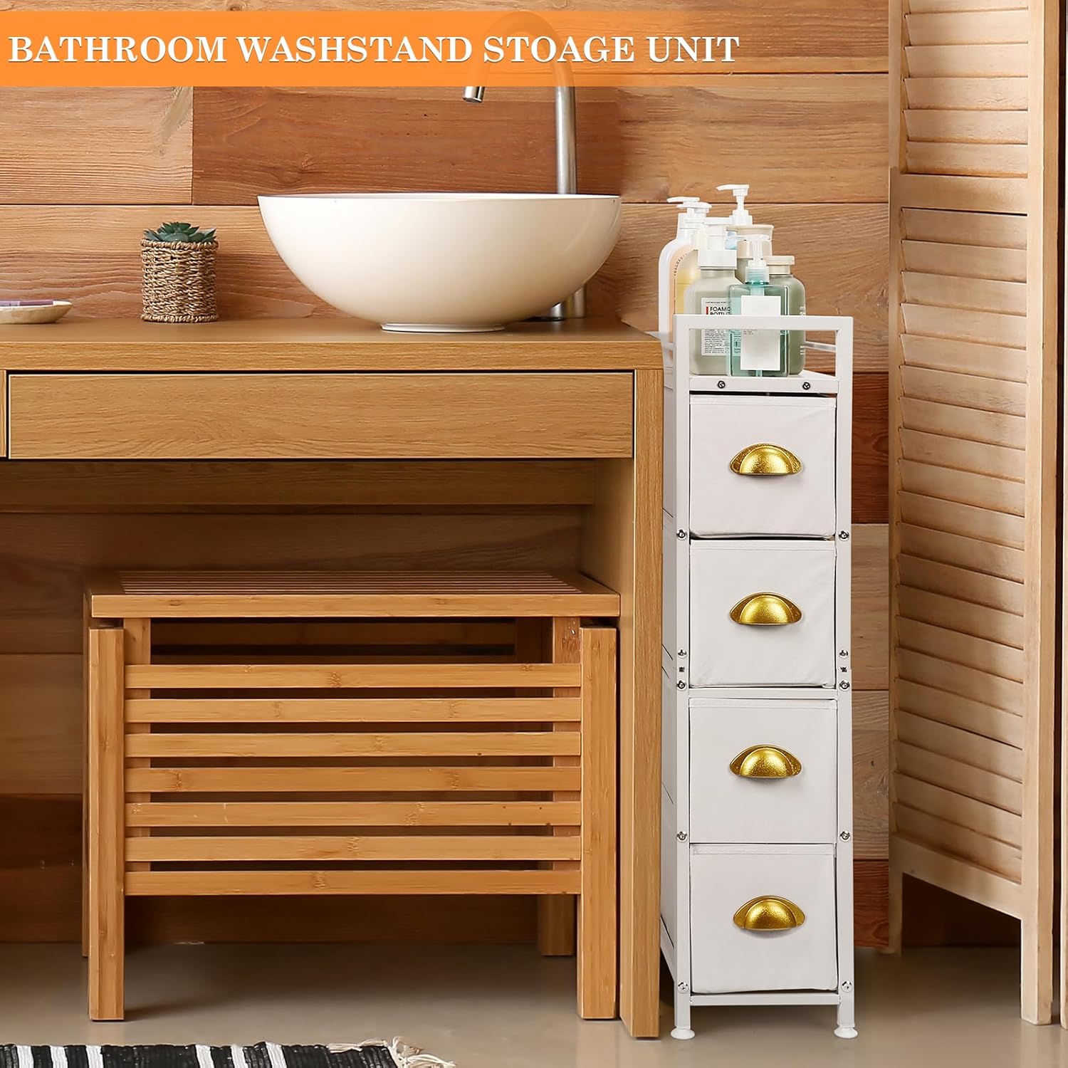 Narrow 4-Drawer Fabric Storage Cabinet with Wooden Top P7690