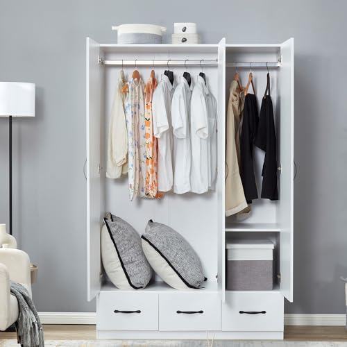 3-Door Armoire Wardrobe with 3 Drawers and Hanging Rod O896250