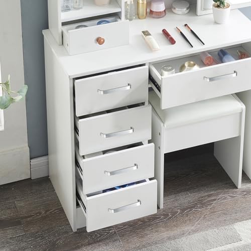 Vanity Desk with Lighted Mirror, 3 Lighting Modes, 6 Drawers and Stool T27747