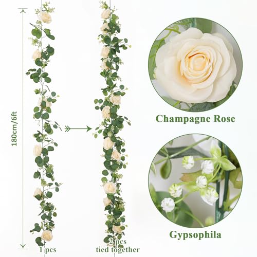 Artificial Eucalyptus Flower Garland with White Rose Faux Vine for Home Party Wedding Table Decor C618936