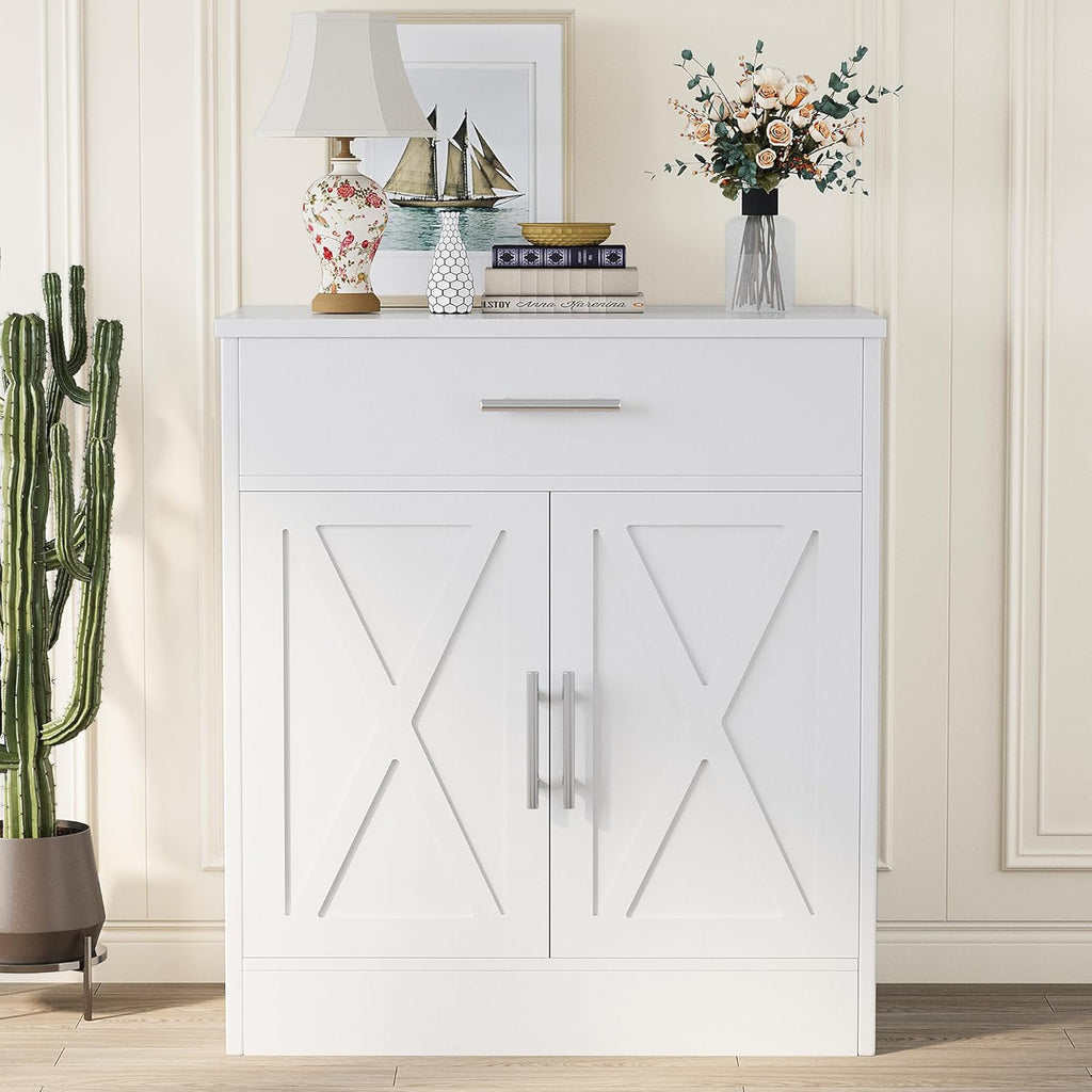 Modern Farmhouse Sideboard Buffet Cabinet with 2 Doors and Storage, Ivory White J8243