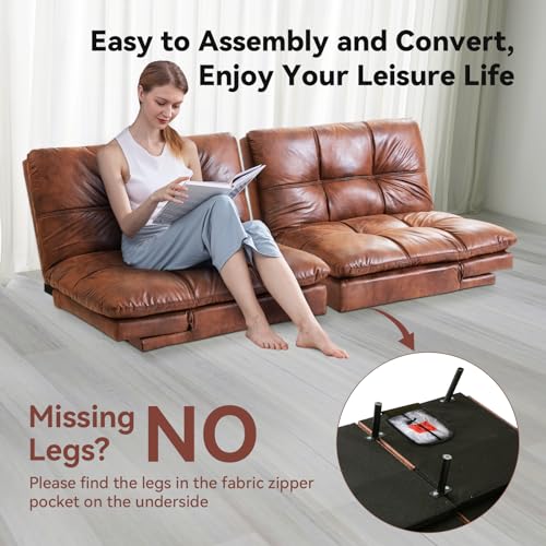 Faux Leather Futon Sofa Bed with Memory Foam, Convertible Sleeper Couch A60612