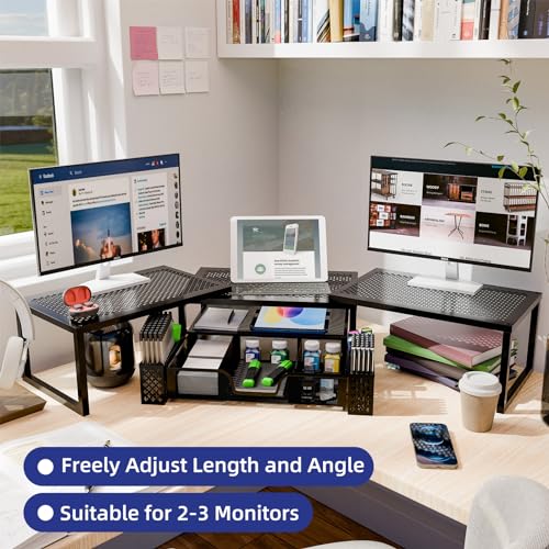 Dual Metal Monitor Stand Riser with Drawer and Pen Holder, Adjustable Angle, Black Q819739