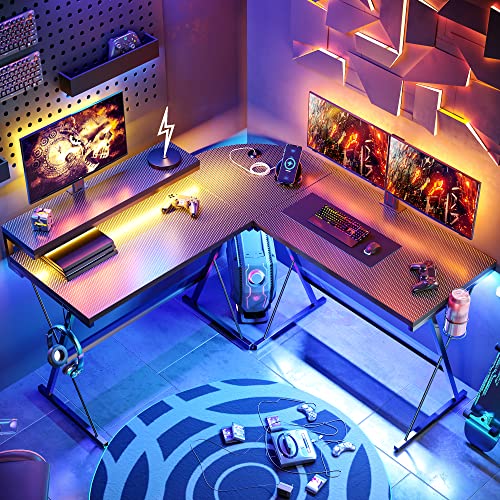 L Shaped Gaming Desk with LED, 55 Inch, Monitor Shelf and Cup Holder E979552