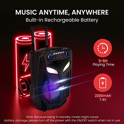Portable Bluetooth PA Speaker System with Party Lights, USB/SD Reader, FM Radio, Rolling Wheels, Wireless Microphone, Remote F5862