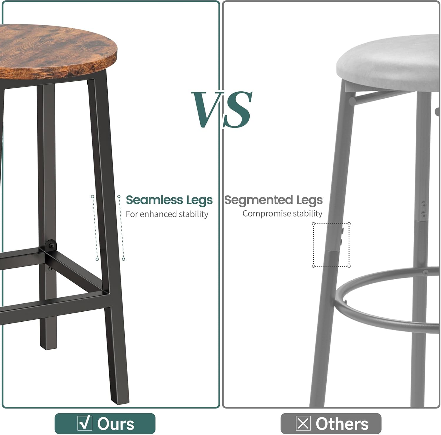 Bar Stools Set of 2 with Footrest, 25.6 Inch Tall, Rustic Brown and Black B43108
