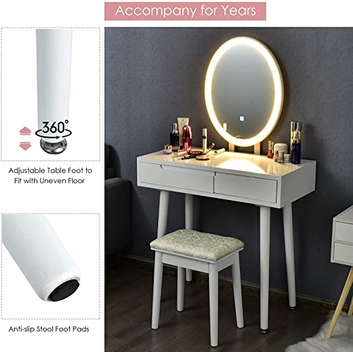 Vanity Table Set with 3-Color Lighted Mirror, Cushioned Stool & 2 Drawers W425038
