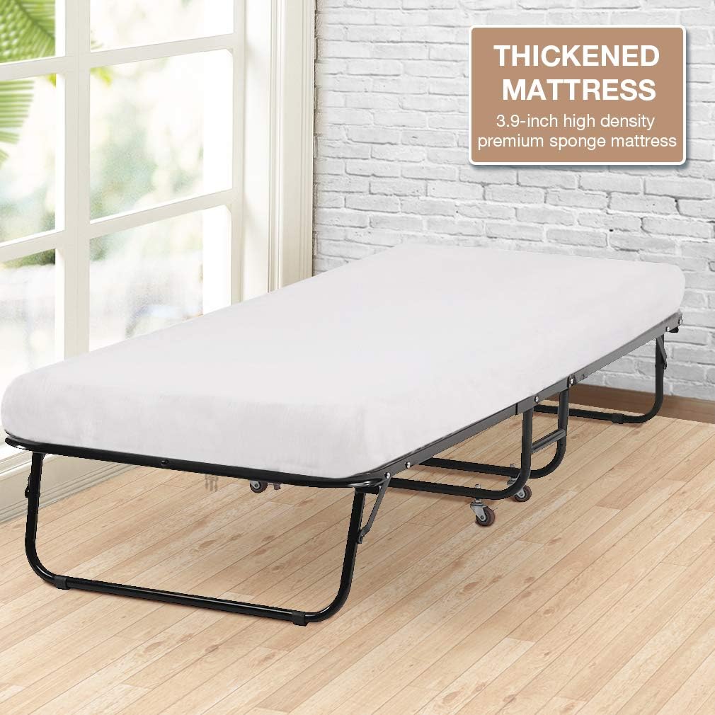 Folding Guest Bed with Wheels Portable Camping Cot with Foam Mattress X84923