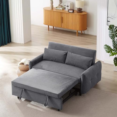 3 in 1 Sleeper Sofa Couch Bed w/USB & Type C Dual Port, 57" Tufted Corduroy Convertible Loveseat Futon Sofa w/Pullout Bed, Adjustable Backrest for Living Room Apartment, Grey