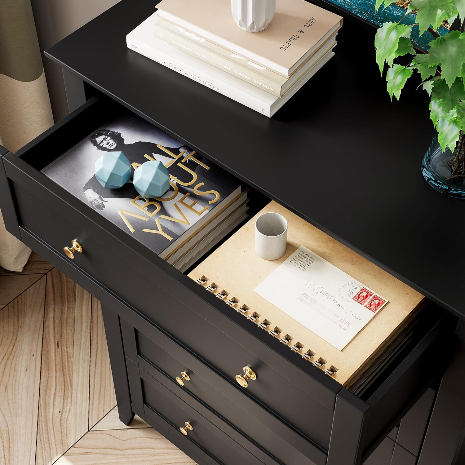 5 Drawer Dresser for Bedroom, Tall Closet Organizer, Wood with Metal Knobs, Black M855597
