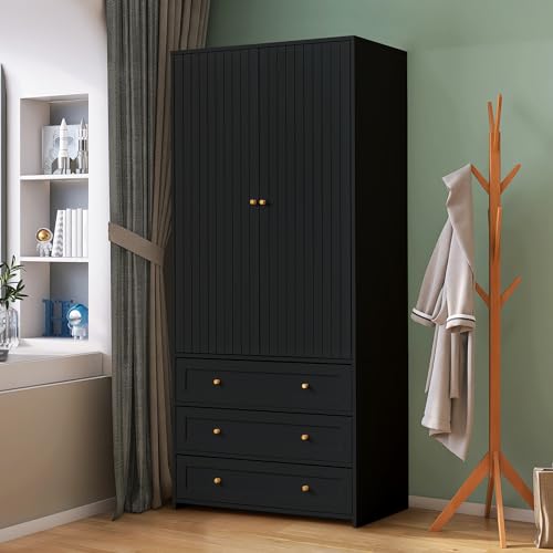 Wardrobe Armoire with 3 Drawers and 2 Doors, Freestanding Wooden Storage Cabinet for Bedroom H146302