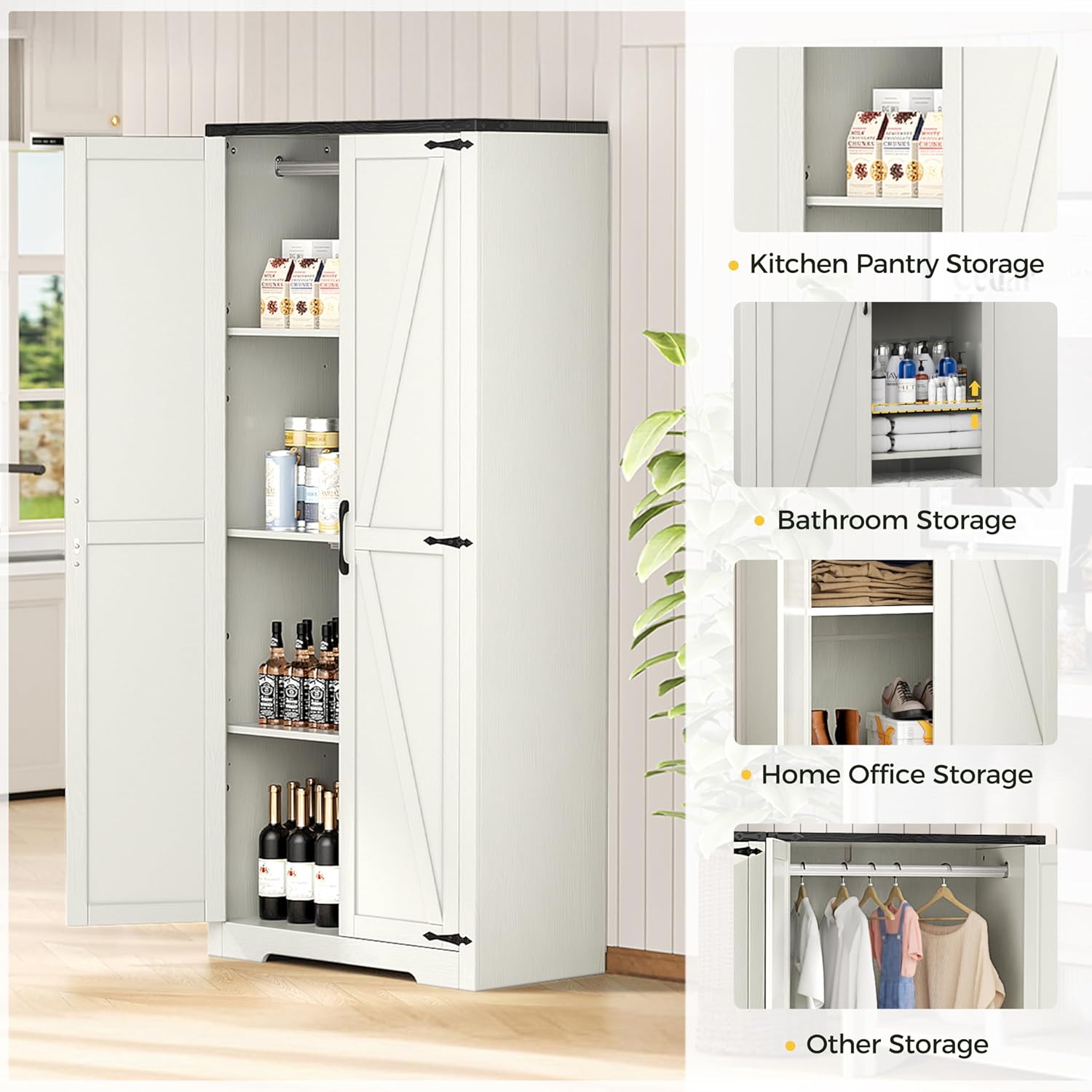 Wardrobe Closet with Doors, White Storage Cabinet with Hanging Rod R927973