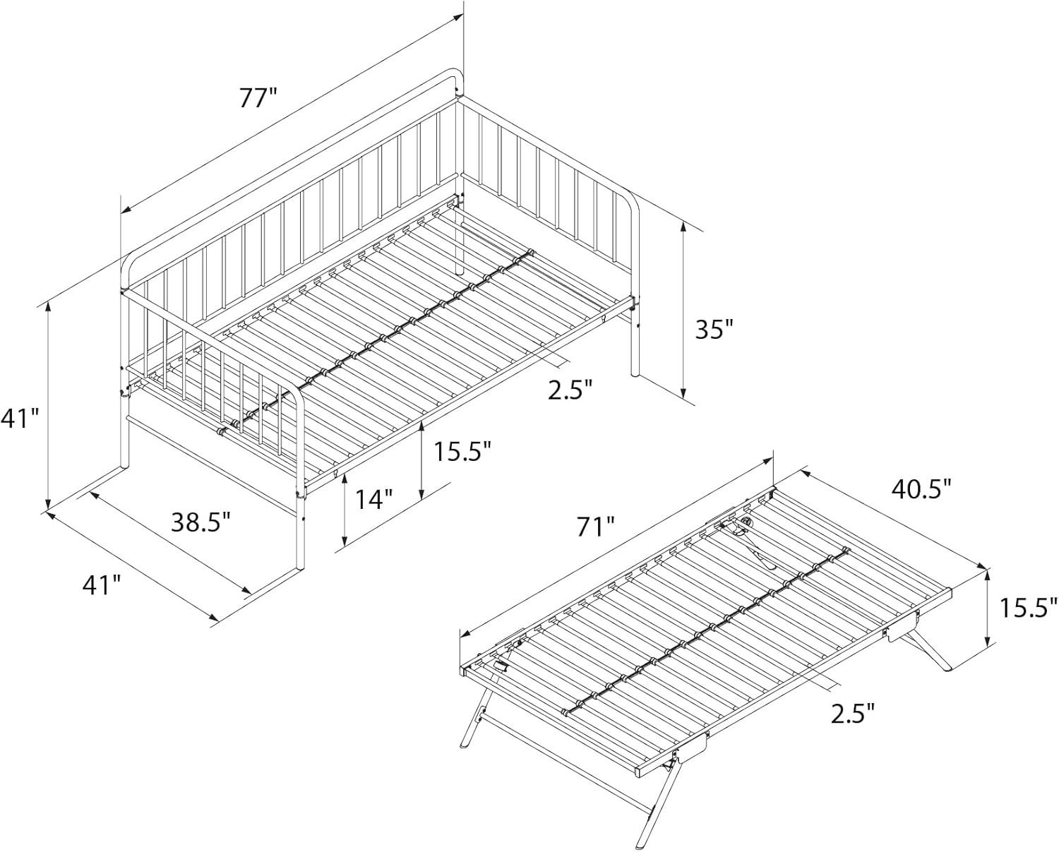 Metal Daybed with Pop Up Trundle Bed, Twin, Black W1027