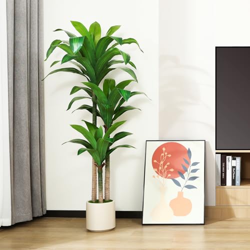 Artificial Dracaena Tree 5ft with White Planter, Indoor Floor Plant X899