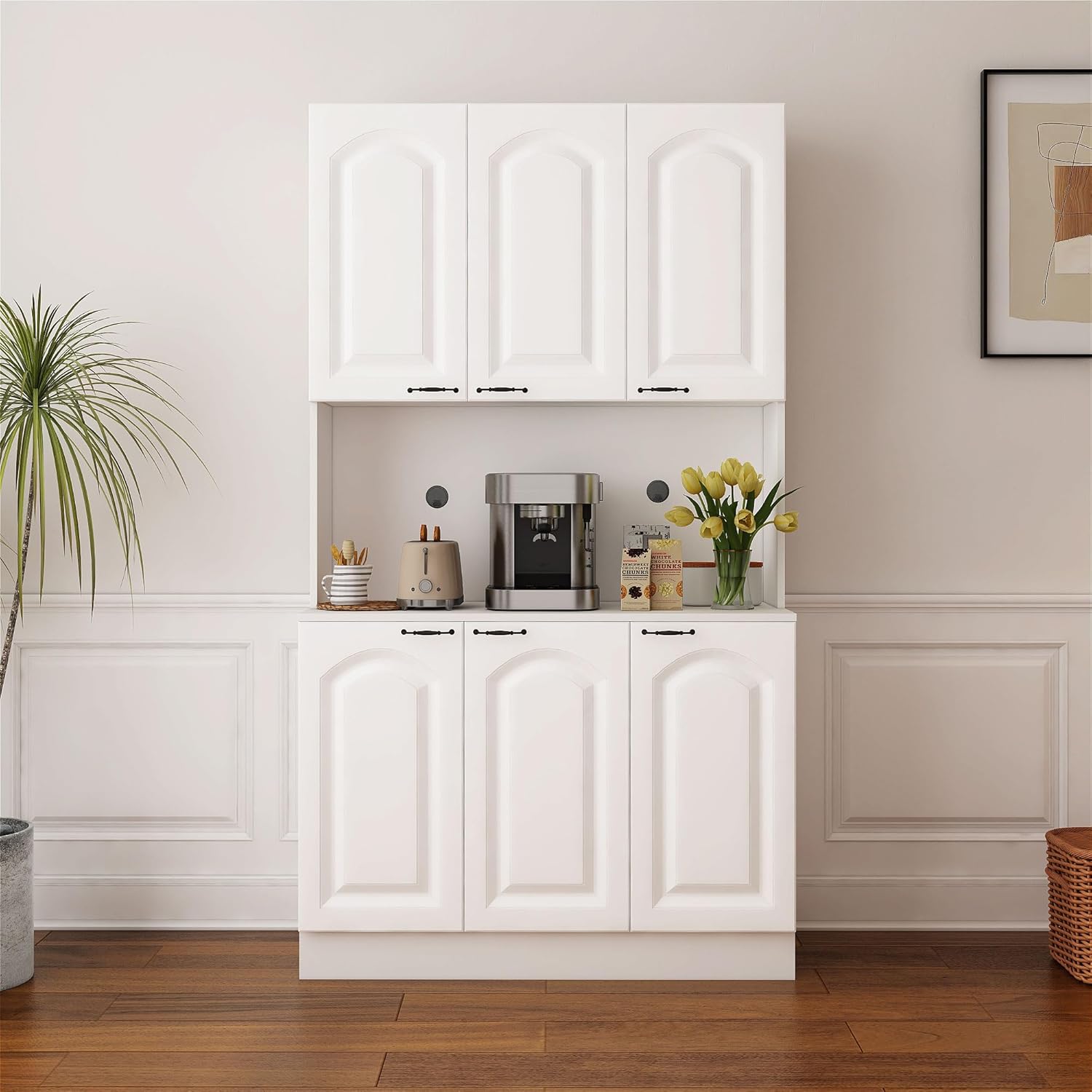 AVZEAR 71" Kitchen Pantry Cabinet, Tall Storage Cabinet with Blister Doors and Shelves, Freestanding Storage Cabinet Cupboard with Microwave Stand for Kitchen, Living Room, Dining Room, White