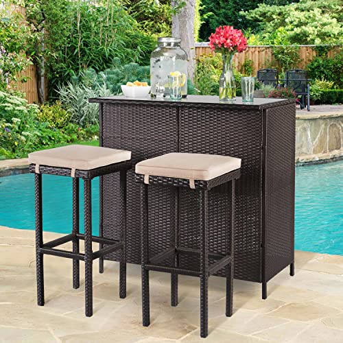 Outdoor Bar Set 3-Piece Brown Wicker Patio Furniture with Glass Top and Two Stools P403769