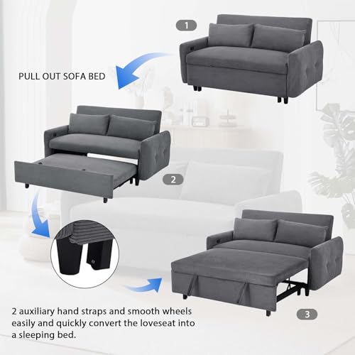 Sleeper Sofa Couch Bed with USB Ports, 57" Corduroy Convertible Futon, Grey S414699