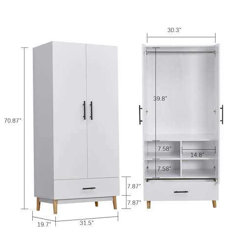 White Wood Wardrobe Cabinet with 2 Drawers and Hanging Rod T97523