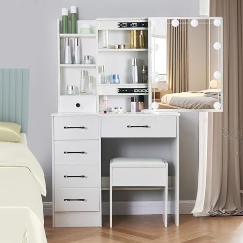 White Vanity Desk with Makeup Mirror and 10 Lights, 6 Drawers, Storage Shelves, Stool T1165