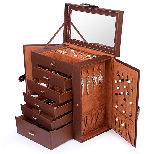 Extra Large Jewelry Box with Mirror, 6 Tier 5 Drawers Storage Organizer T242107
