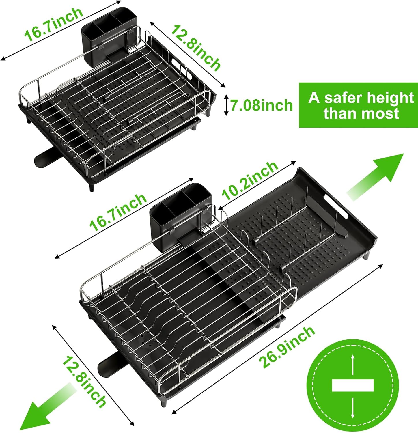 Large Dish Drying Rack, Expandable Stainless Steel with Utensil Holder & Drainboard Z2308