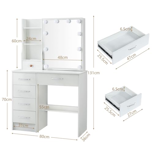 Vanity Desk with Lighted Mirror, 3 Lighting Modes, 6 Drawers and Stool T27747