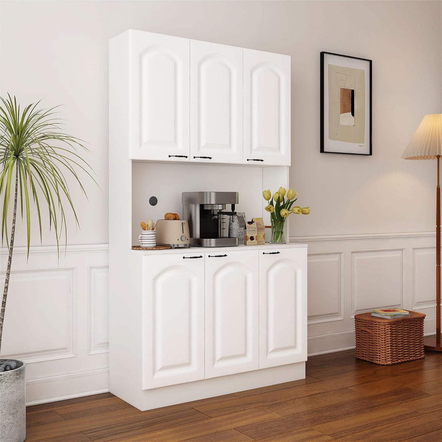 Tall Storage Cabinet with Shelves and Microwave Stand, White Z8529