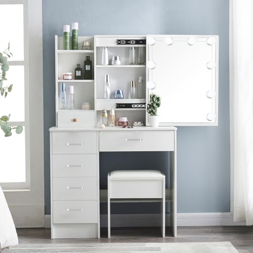 Vanity Desk with Lighted Mirror, 3 Lighting Modes, 6 Drawers and Stool T27747