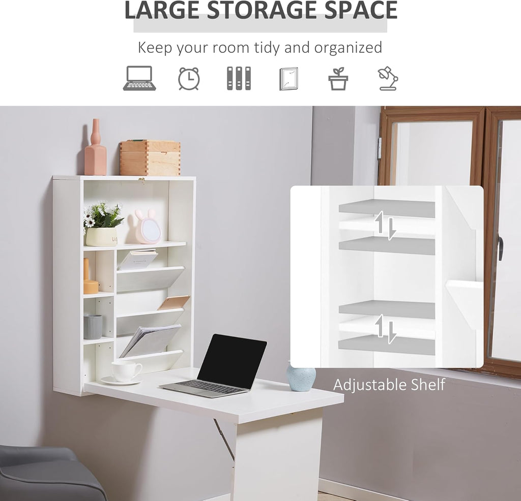 Wall Mounted Fold Out Desk with Storage Shelf, White Q792292
