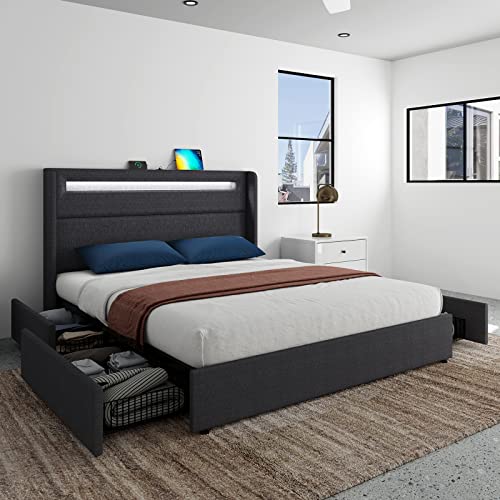 LED Bed Frame with Wingback Headboard and Storage Drawers J770439
