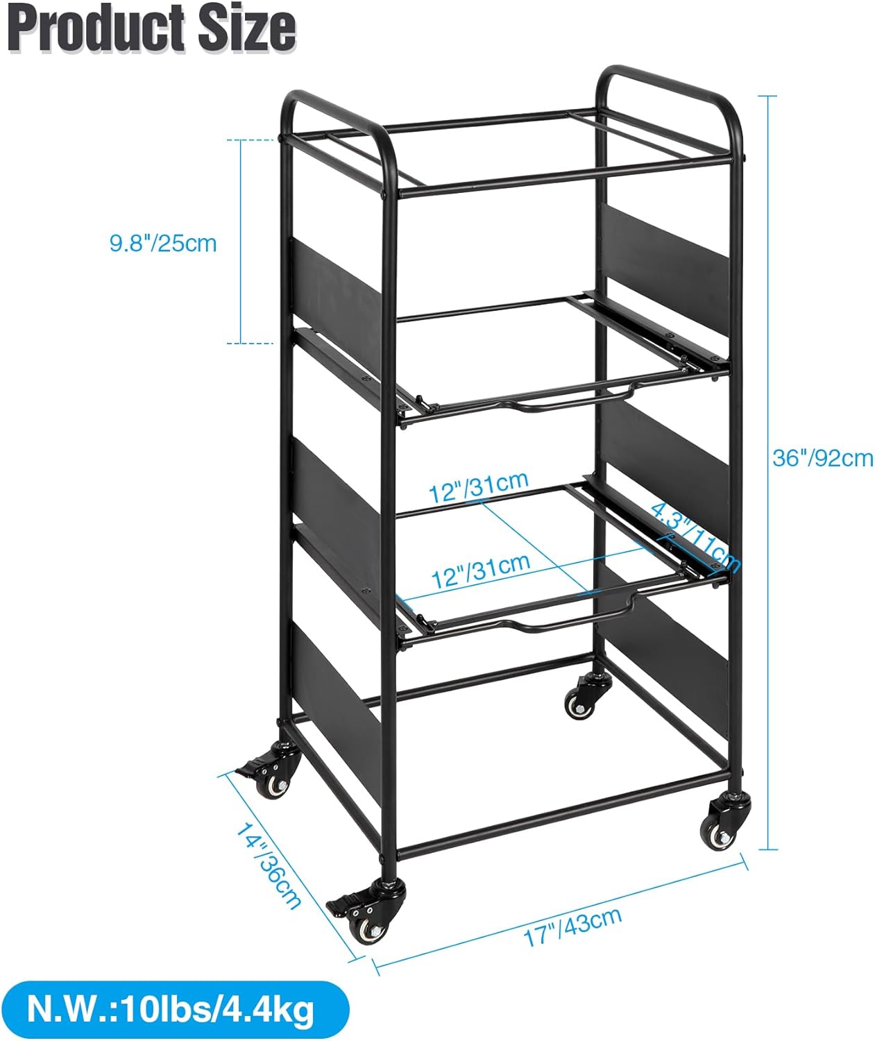 3-Tier Metal Rolling File Cart with Wheels and Pull-Out Drawer X16861