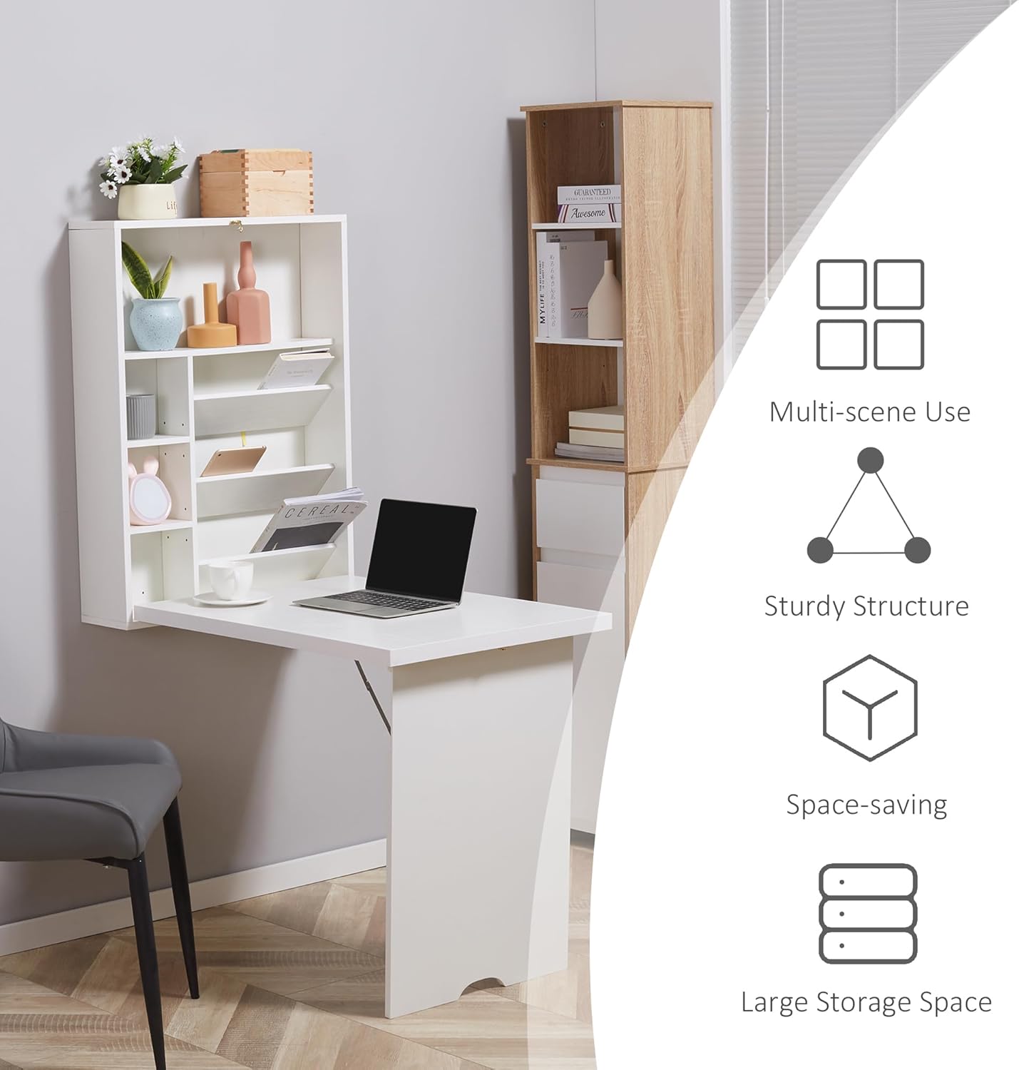 Wall Mounted Fold Out Desk with Storage Shelf, White Q792292