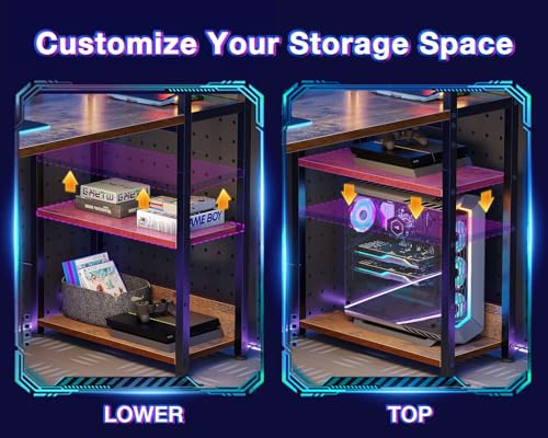 Reversible Gaming Desk with Power Outlets, 40 Inch Computer Desk with Storage Shelves and Monitor Stand U9097