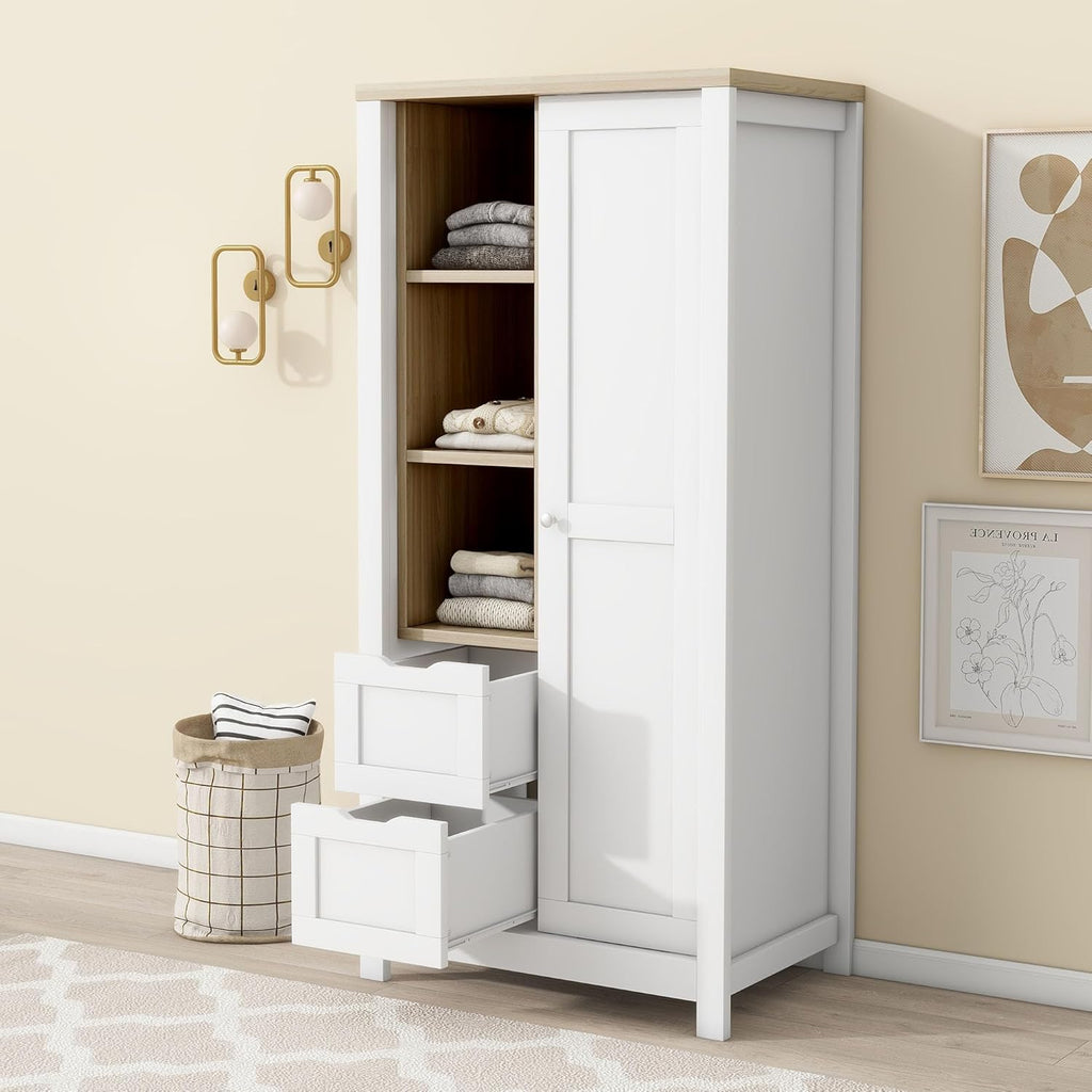 Slim Wooden Wardrobe Closet with 2 Drawers, Shelves and Hanging Rods G1717